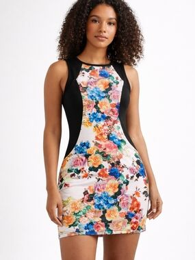Floral Sheath Dress with Black Side Panels - White Multicolor